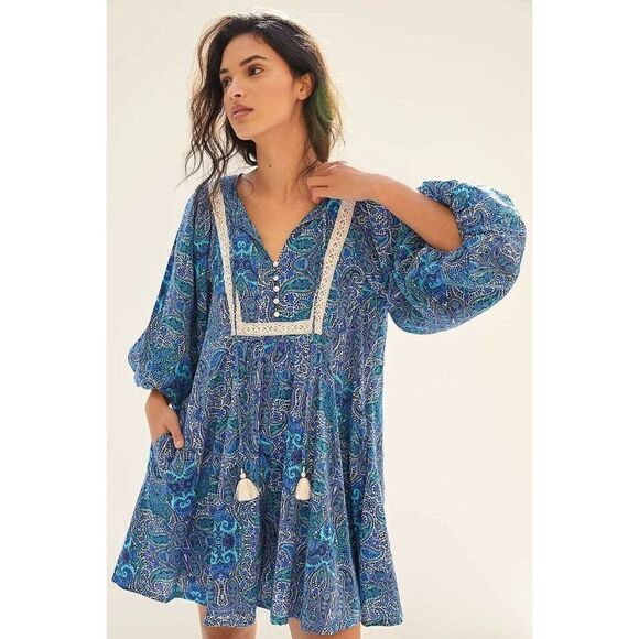 NWT ANTHROPOLOGIE Sz S LISSA ROMPER PLAYSUIT JUMPSUIT PRINTED EMBROIDERED BLUE - Picture 1 of 4